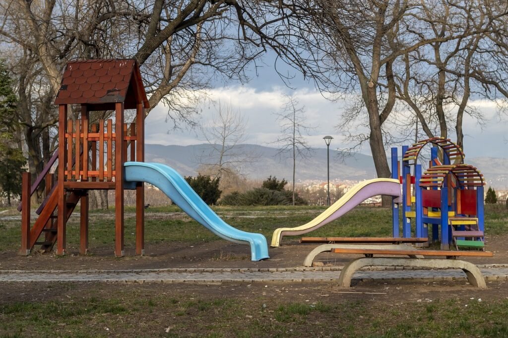 playground, sky, nature, park, play, landscape, outdoor, blue sky, field, clouds, kids, house, wood, tree, winter, bench, blue, white